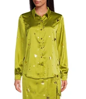 Never Fully Dressed Gabbie Lime Hearts Satin Point Collar Neck Long Sleeve Button Front Top