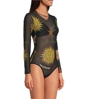 Never Fully Dressed Mesh Mystical Print Crew Neck Long Sleeve Bodysuit