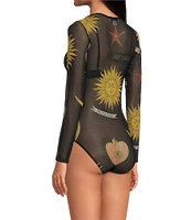 Never Fully Dressed Mesh Mystical Print Crew Neck Long Sleeve Bodysuit