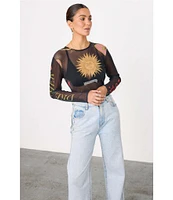 Never Fully Dressed Mesh Mystical Print Crew Neck Long Sleeve Bodysuit