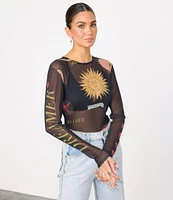 Never Fully Dressed Mesh Mystical Print Crew Neck Long Sleeve Bodysuit