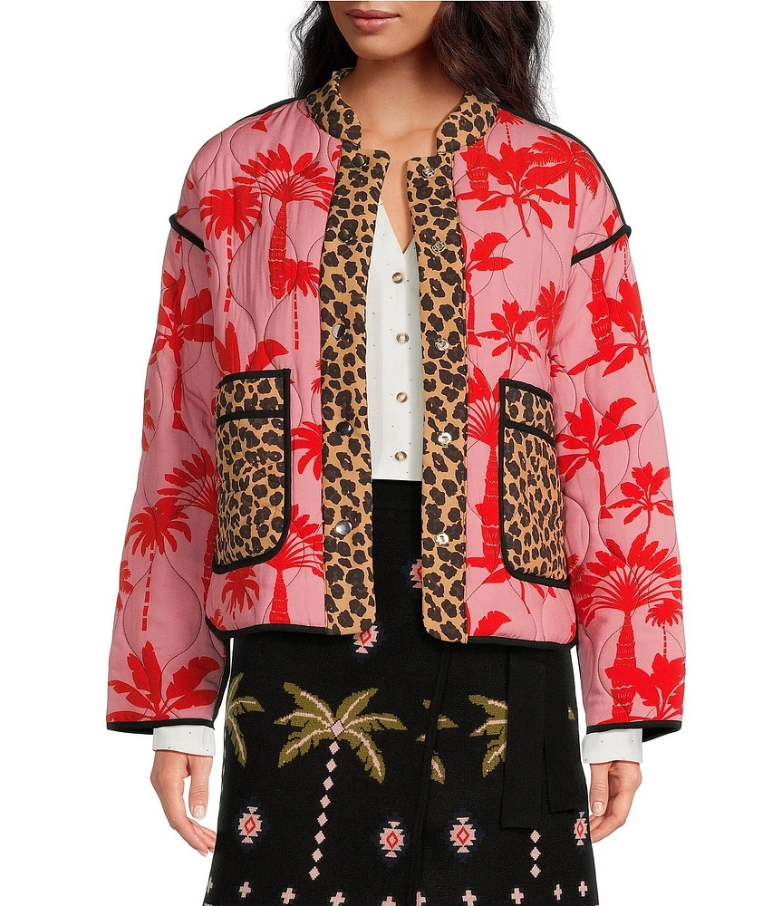 Never Fully Dressed Midnight Havana Printed Quilted Round Neck Long Sleeve Button Front Reversible Statement Jacket