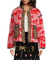 Never Fully Dressed Midnight Havana Printed Quilted Round Neck Long Sleeve Button Front Reversible Statement Jacket