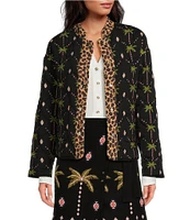 Never Fully Dressed Midnight Havana Printed Quilted Round Neck Long Sleeve Button Front Reversible Statement Jacket