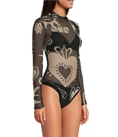 Never Fully Dressed Midnight Romance Mesh Motif Print Mock Neck Long Sleeve Bodysuit