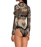 Never Fully Dressed Midnight Romance Mesh Motif Print Mock Neck Long Sleeve Bodysuit