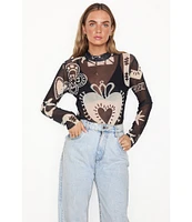 Never Fully Dressed Midnight Romance Mesh Motif Print Mock Neck Long Sleeve Bodysuit