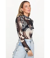 Never Fully Dressed Midnight Romance Mesh Motif Print Mock Neck Long Sleeve Bodysuit