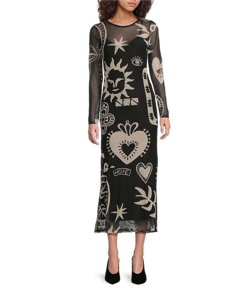 Never Fully Dressed Midnight Romance Motif Print Mesh Crew Neck Long Sleeve Midi Dress