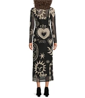 Never Fully Dressed Midnight Romance Motif Print Mesh Crew Neck Long Sleeve Midi Dress