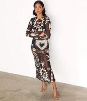 Never Fully Dressed Midnight Romance Motif Print Mesh Crew Neck Long Sleeve Midi Dress