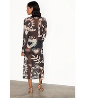 Never Fully Dressed Midnight Romance Motif Print Mesh Crew Neck Long Sleeve Midi Dress