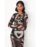 Never Fully Dressed Midnight Romance Motif Print Mesh Crew Neck Long Sleeve Midi Dress