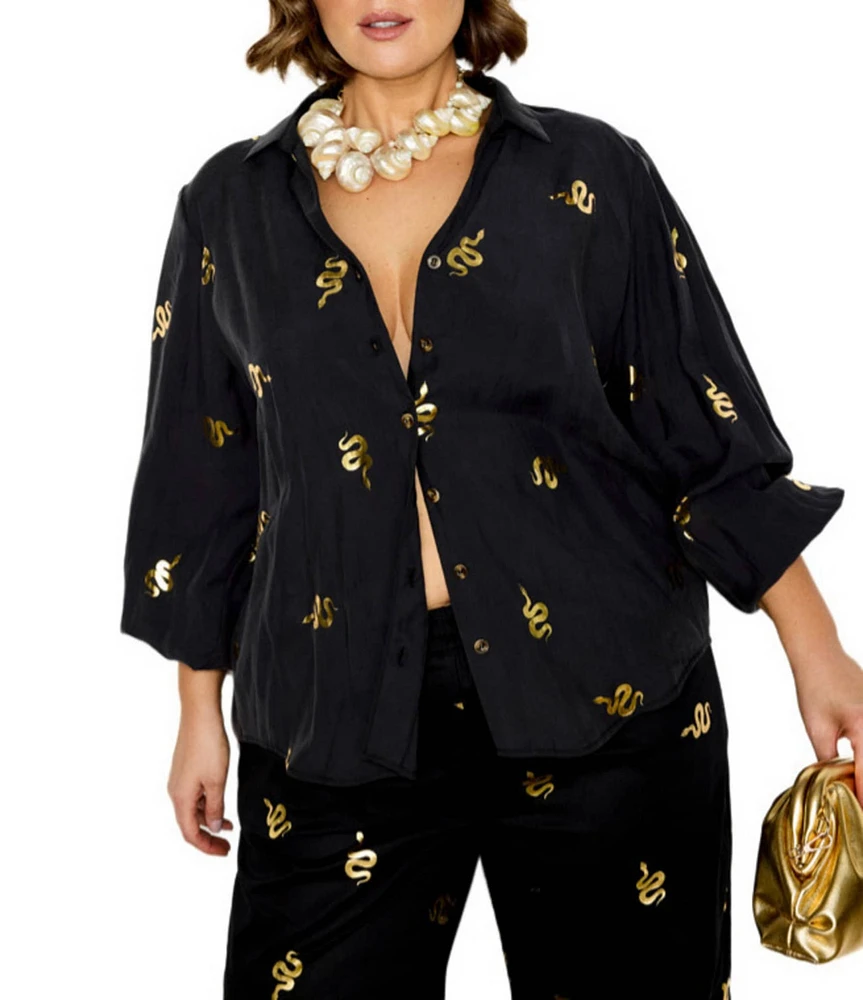 Never Fully Dressed Miley Foil Snake Print Sheer Long Sleeve Button Down Blouse