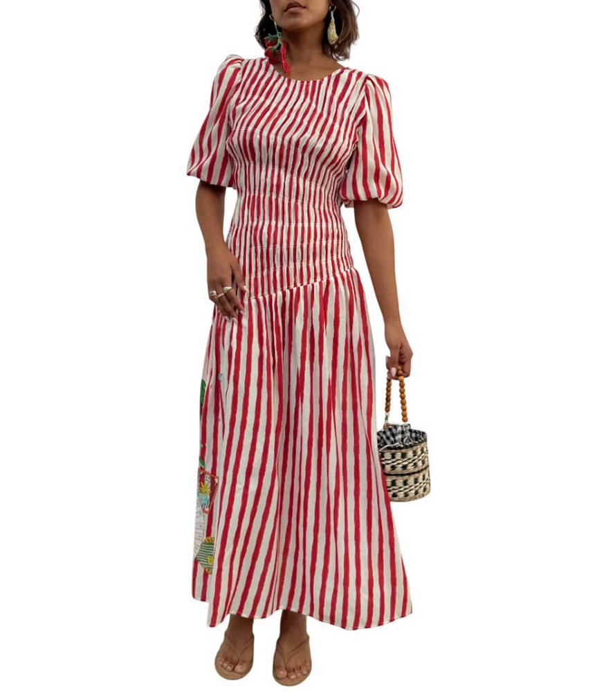 Never Fully Dressed Nara Stripe Print Crew Neck Short Puff Sleeves Maxi Dress
