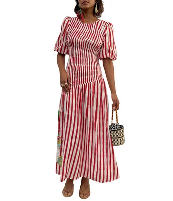 Never Fully Dressed Nara Stripe Print Crew Neck Short Puff Sleeves Maxi Dress