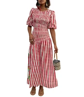 Never Fully Dressed Nara Stripe Print Crew Neck Short Puff Sleeves Maxi Dress