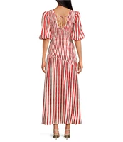 Never Fully Dressed Nara Stripe Print Crew Neck Short Puff Sleeves Maxi Dress