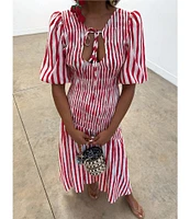 Never Fully Dressed Nara Stripe Print Crew Neck Short Puff Sleeves Maxi Dress
