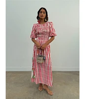 Never Fully Dressed Nara Stripe Print Crew Neck Short Puff Sleeves Maxi Dress