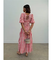 Never Fully Dressed Nara Stripe Print Crew Neck Short Puff Sleeves Maxi Dress