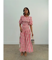 Never Fully Dressed Nara Stripe Print Crew Neck Short Puff Sleeves Maxi Dress