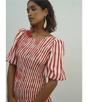 Never Fully Dressed Nara Stripe Print Crew Neck Short Puff Sleeves Maxi Dress