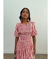 Never Fully Dressed Nara Stripe Print Crew Neck Short Puff Sleeves Maxi Dress