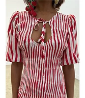 Never Fully Dressed Nara Stripe Print Crew Neck Short Puff Sleeves Maxi Dress