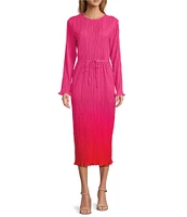 Never Fully Dressed Plisse Ombre Crew Neck Long Sleeve Waist Tie Maxi Dress