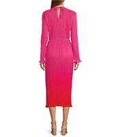 Never Fully Dressed Plisse Ombre Crew Neck Long Sleeve Waist Tie Maxi Dress