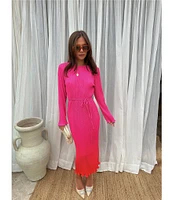 Never Fully Dressed Plisse Ombre Crew Neck Long Sleeve Waist Tie Maxi Dress