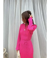 Never Fully Dressed Plisse Ombre Crew Neck Long Sleeve Waist Tie Maxi Dress