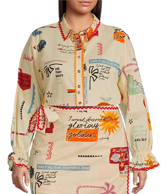 Never Fully Dressed Plus Poema Geanie Printed Linen Blend Point Collar 3/4 Sleeve Coordinating Shirt