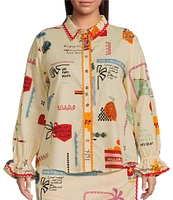 Never Fully Dressed Plus Poema Geanie Printed Linen Blend Point Collar 3/4 Sleeve Coordinating Shirt