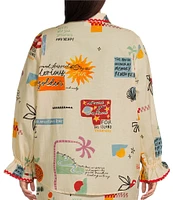 Never Fully Dressed Plus Poema Geanie Printed Linen Blend Point Collar 3/4 Sleeve Coordinating Shirt