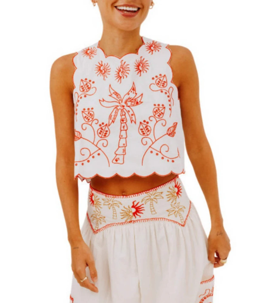 Never Fully Dressed Pollenca Embroidered Crew Neck Scallop Trim Coordinating Top