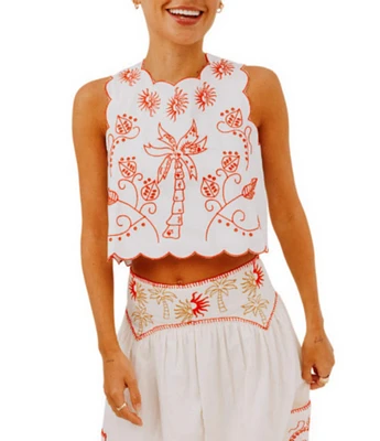 Never Fully Dressed Pollenca Embroidered Crew Neck Scallop Trim Coordinating Top