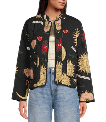 Never Fully Dressed Reversible Quilted Mystical Print Banded Collar Neck Long Sleeve Button Front Jacket