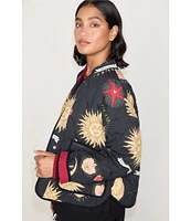 Never Fully Dressed Reversible Quilted Mystical Print Banded Collar Neck Long Sleeve Button Front Jacket