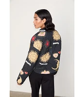 Never Fully Dressed Reversible Quilted Mystical Print Banded Collar Neck Long Sleeve Button Front Jacket