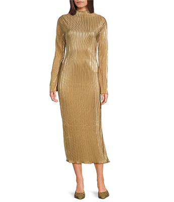 Never Fully Dressed Sophia Shimmer Plisse Mock Neck Long Sleeve Maxi Dress