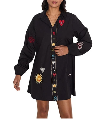 Never Fully Dressed Sundazed Romance Poplin Embroidered Motif Point Collar Neck Long Sleeve Button Front Mini Dress