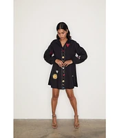 Never Fully Dressed Sundazed Romance Poplin Embroidered Motif Point Collar Neck Long Sleeve Button Front Mini Dress