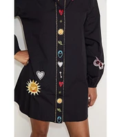 Never Fully Dressed Sundazed Romance Poplin Embroidered Motif Point Collar Neck Long Sleeve Button Front Mini Dress