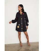 Never Fully Dressed Sundazed Romance Poplin Embroidered Motif Point Collar Neck Long Sleeve Button Front Mini Dress