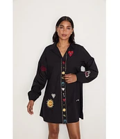 Never Fully Dressed Sundazed Romance Poplin Embroidered Motif Point Collar Neck Long Sleeve Button Front Mini Dress