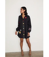 Never Fully Dressed Sundazed Romance Poplin Embroidered Motif Point Collar Neck Long Sleeve Button Front Mini Dress