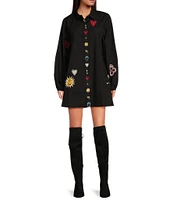 Never Fully Dressed Sundazed Romance Poplin Embroidered Motif Point Collar Neck Long Sleeve Button Front Mini Dress