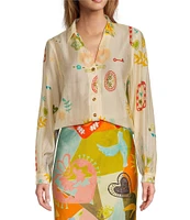 Never Fully Dressed Sundazed Summer Miley Printed Point Collar Neck Long Sleeve Button Front Top